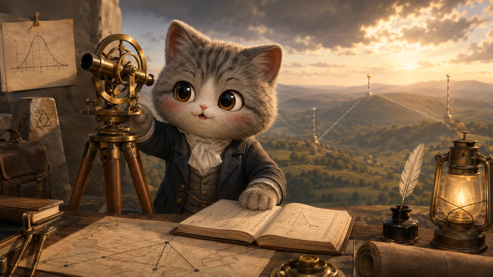 高斯猫在户外测量站调整测量仪并核对多次记录