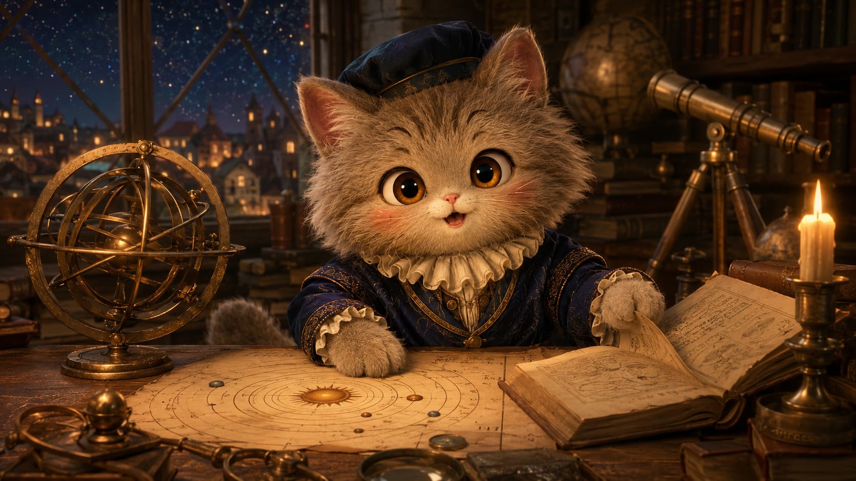 Copernicus Cat studies a Sun-centered celestial chart in a nighttime observatory.