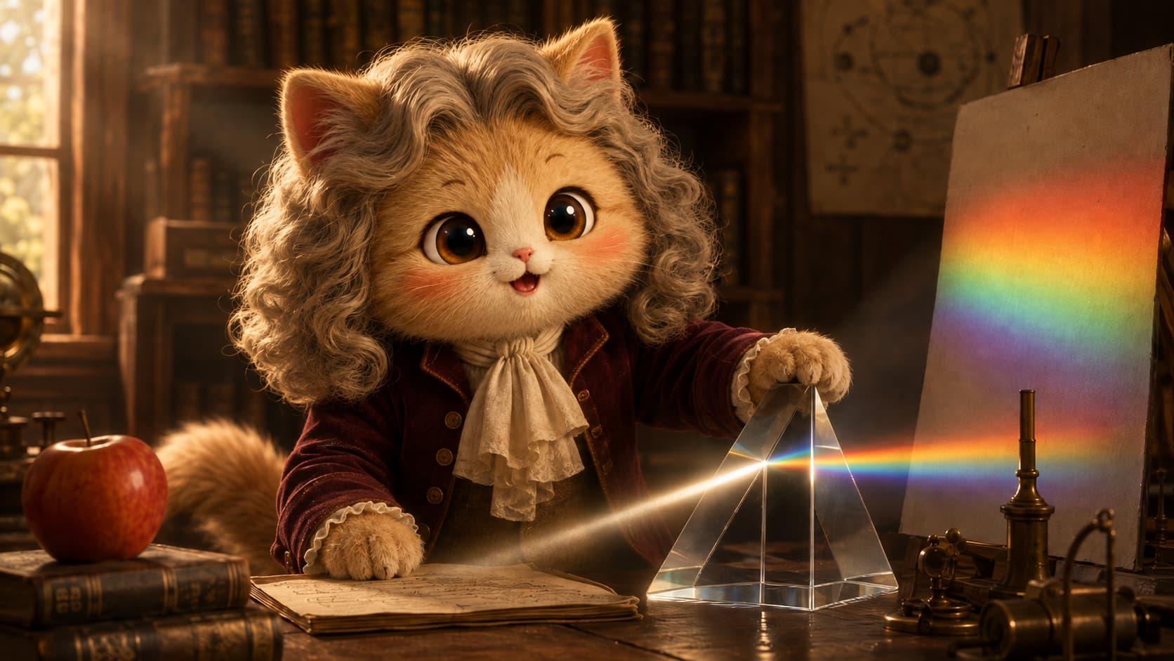 Newton Cat, with long curled hair, performs a prism experiment in a study.