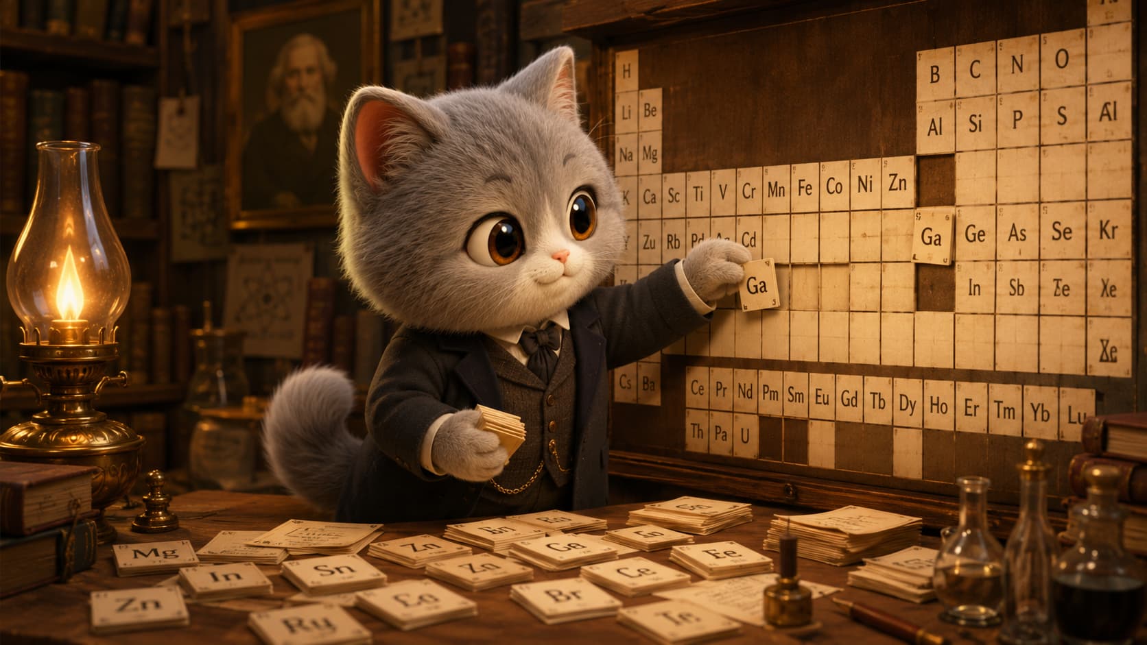 Mendeleev Cat places an element card into an empty space in the periodic table.
