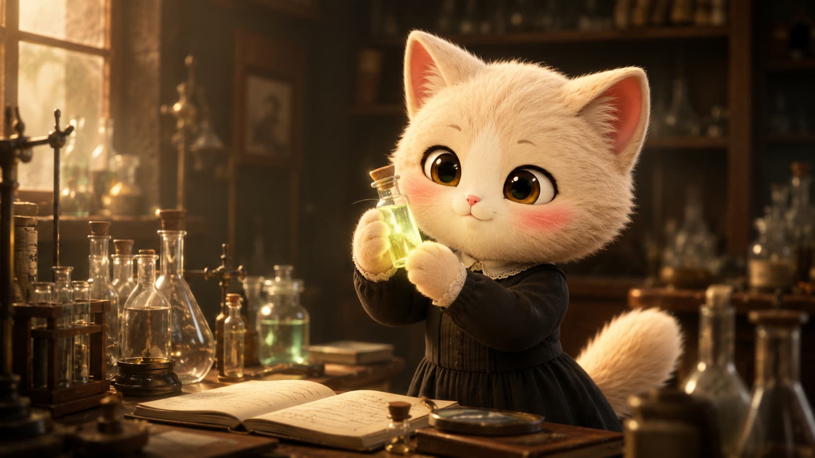 Curie Cat carefully observes a faintly glowing sample vial in a quiet laboratory.