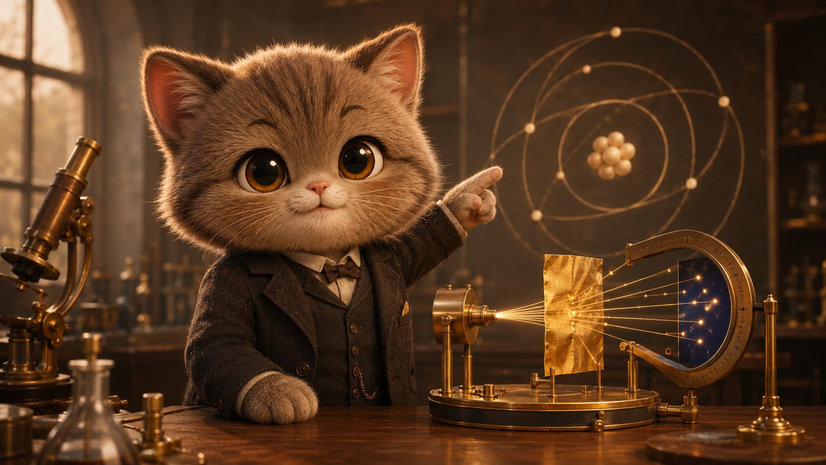 Rutherford Cat points to a gold-foil scattering apparatus and a simple atomic diagram.