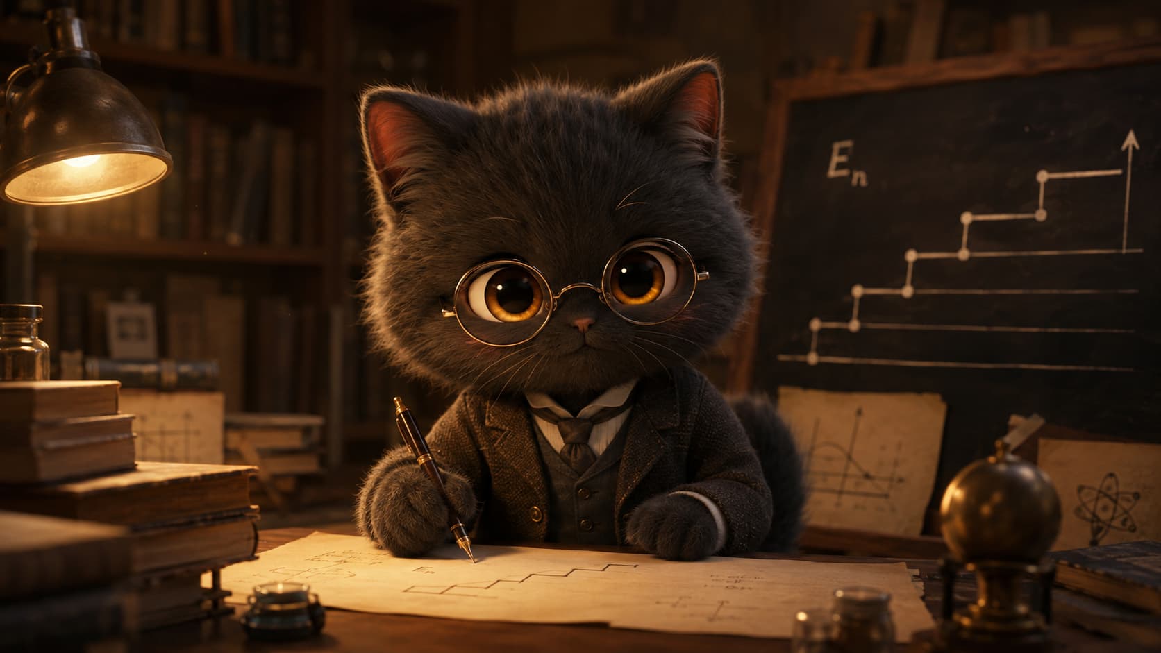 Planck Cat studies a stepped energy-level diagram at a quiet desk.