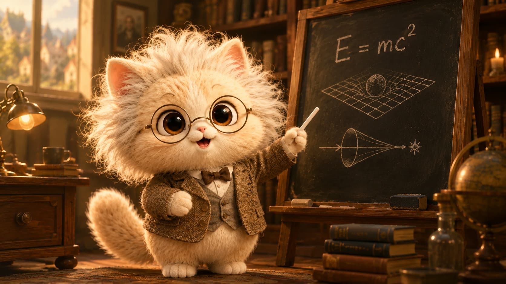 Einstein Cat explains light and curved spacetime in a warm study.