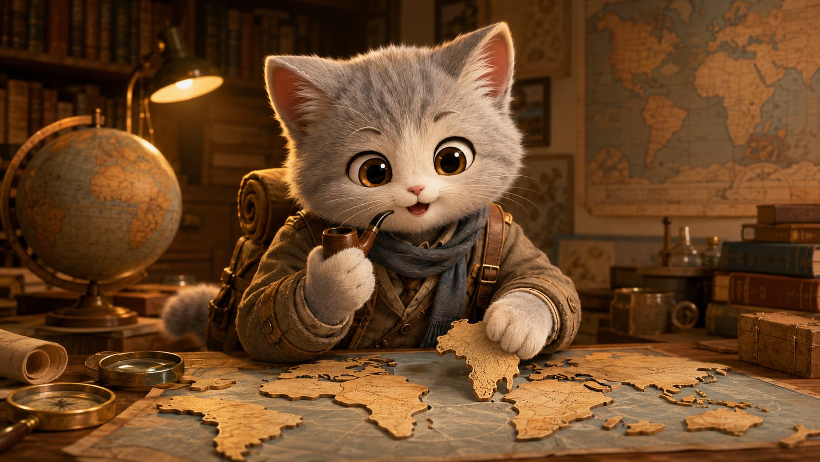 Wegener Cat holds a pipe in one paw while fitting continent pieces together on a map table.