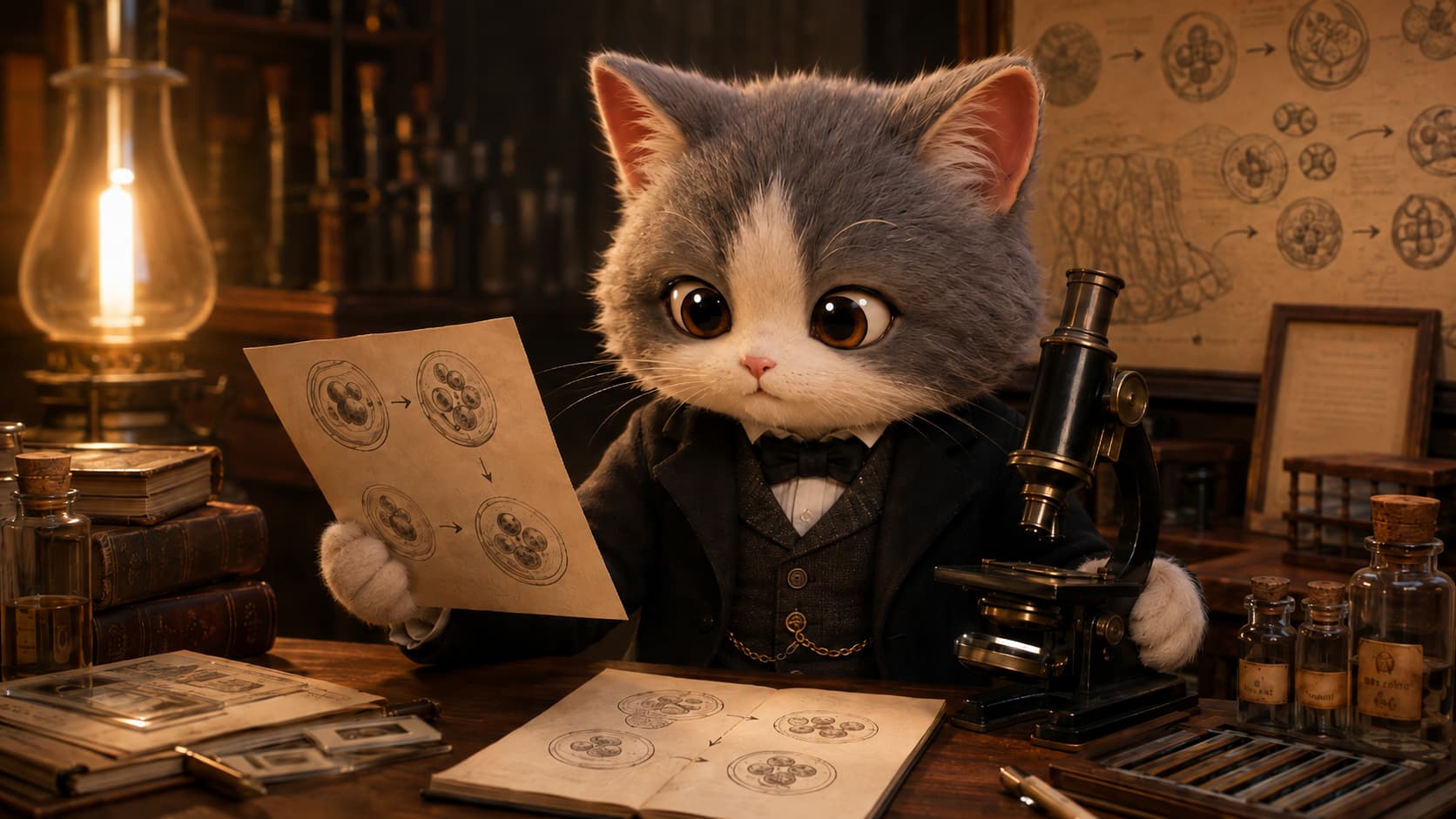 魏尔肖猫在显微镜旁对照连续的细胞观察图