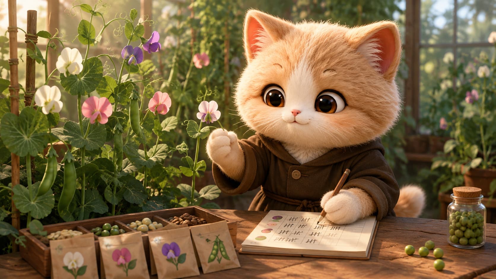 孟德尔猫在豌豆花园中记录不同植株的特征