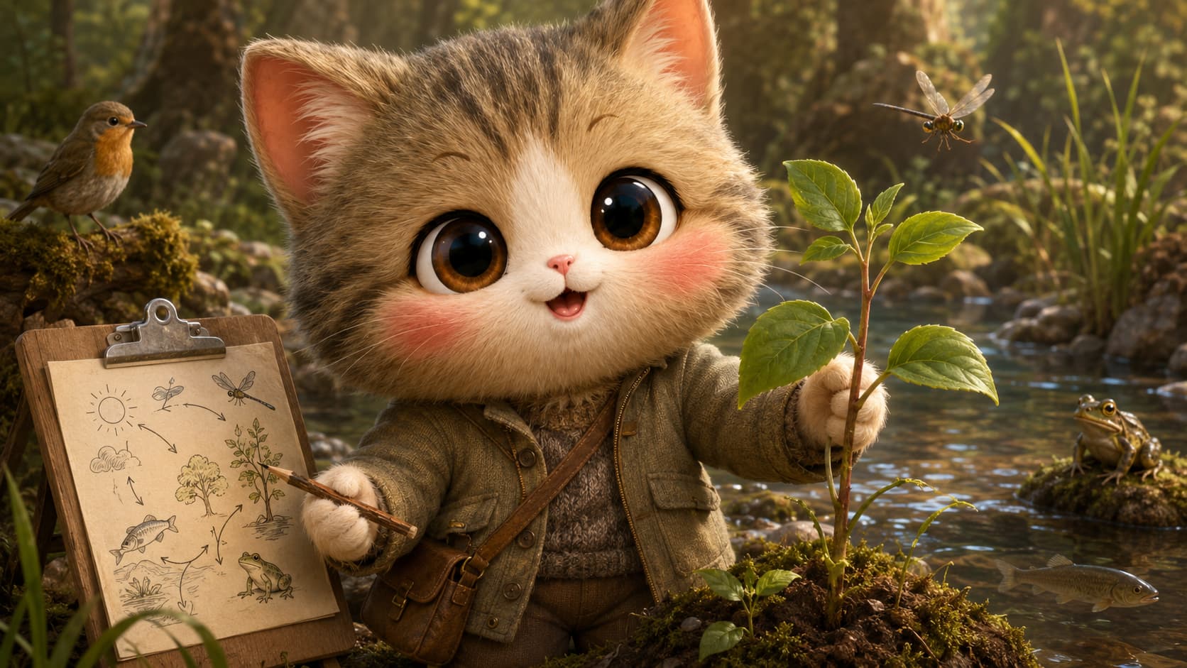 坦斯利猫在森林溪流边观察植物、水体、土壤与动物之间的联系