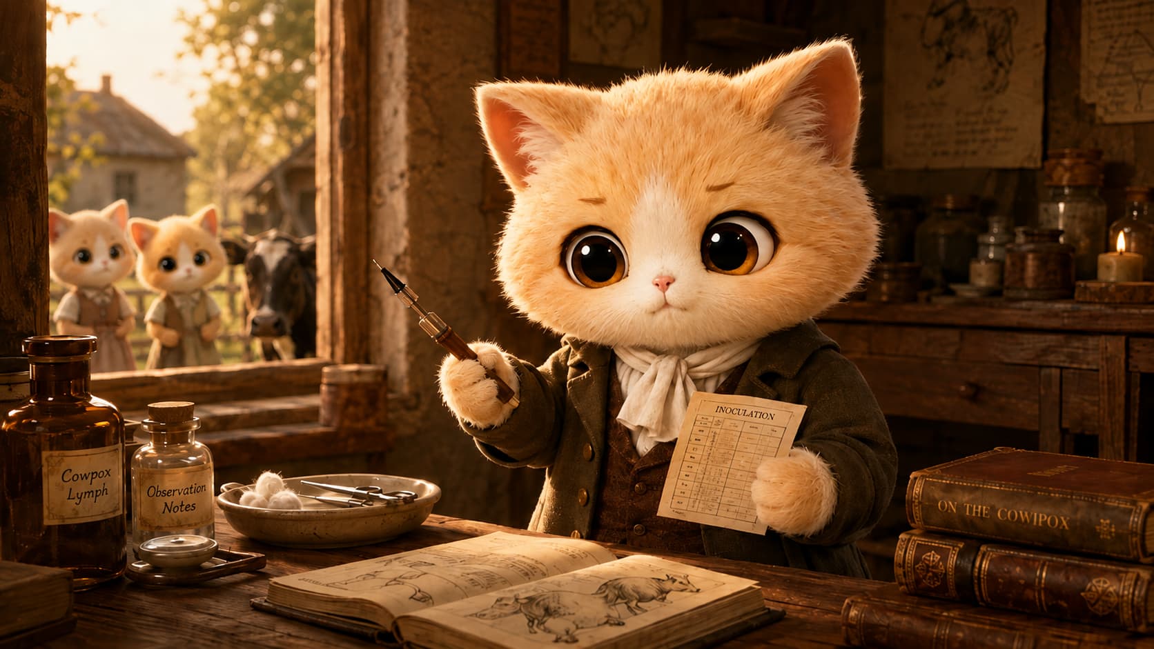 Jenner Cat reviews inoculation notes and prepares an early vaccination tool in a rural clinic.