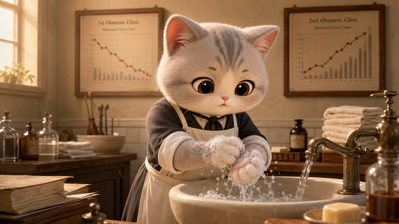 Semmelweis Cat carefully washes his paws in a hospital washing area while reviewing case records.