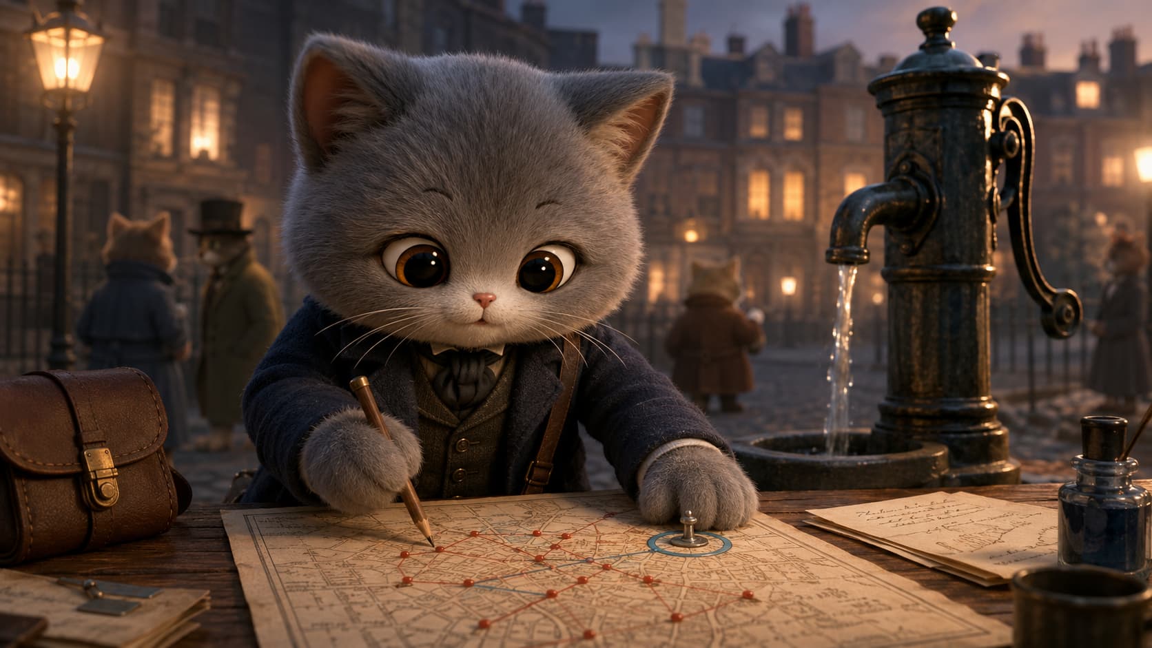 John Snow Cat marks case locations on a map and points toward a public water source.