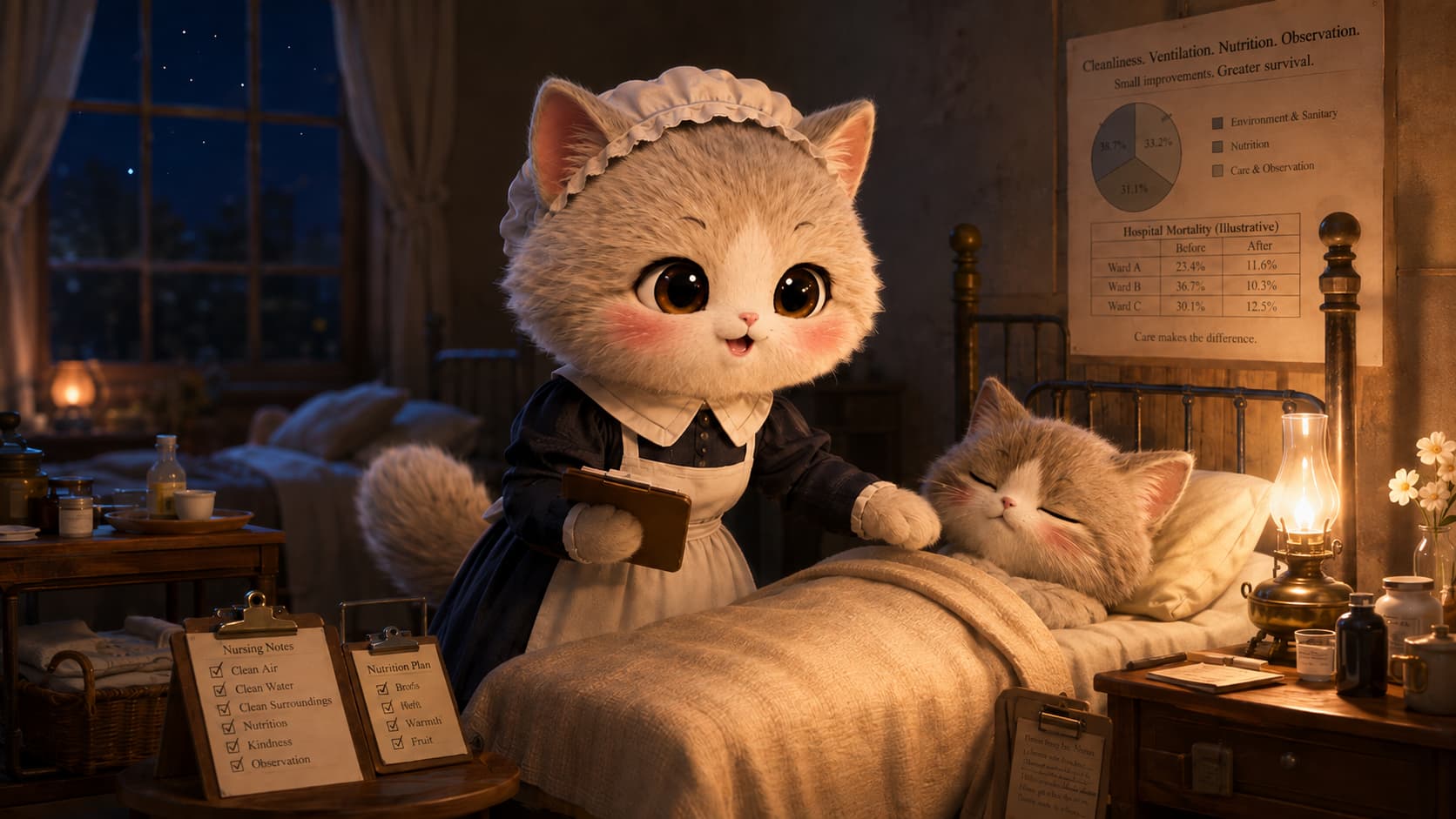 Nightingale Cat records nursing details and adjusts a patient’s surroundings in a nighttime ward.