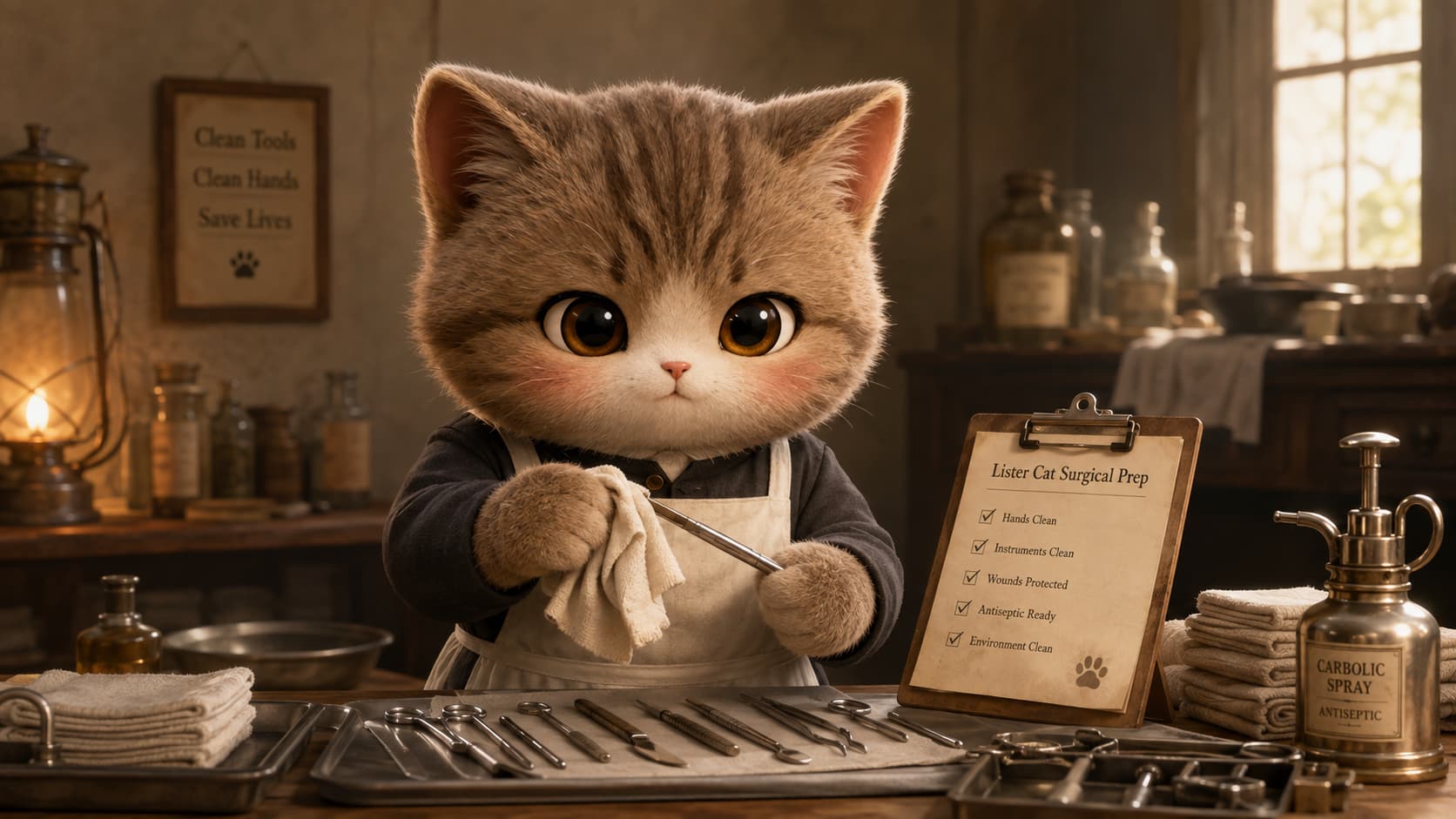 Lister Cat cleans instruments and reviews surgical preparations in an operating room antechamber.