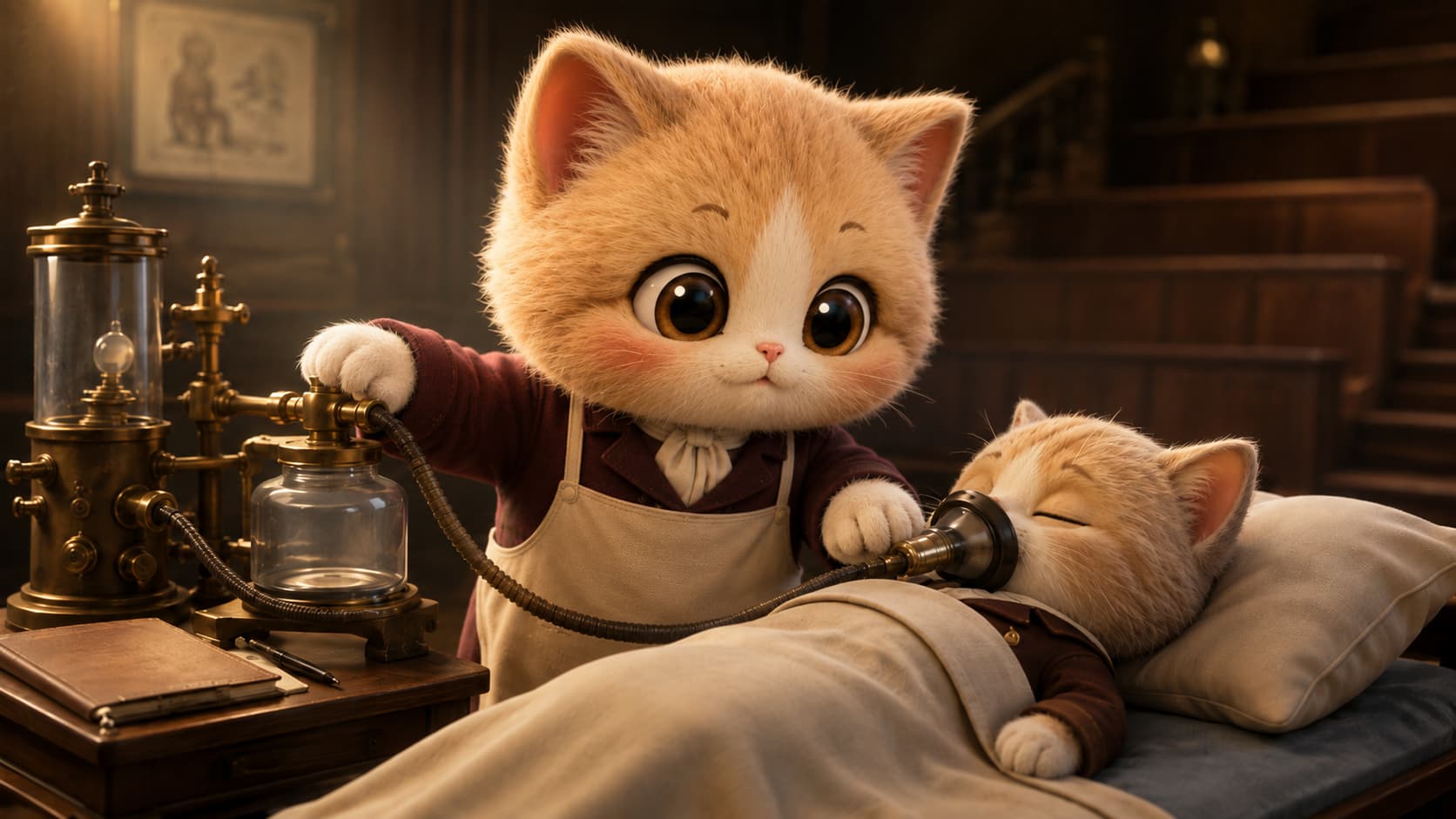 Morton Cat watches an anesthesia apparatus and a patient’s breathing in a historical surgical demonstration room.