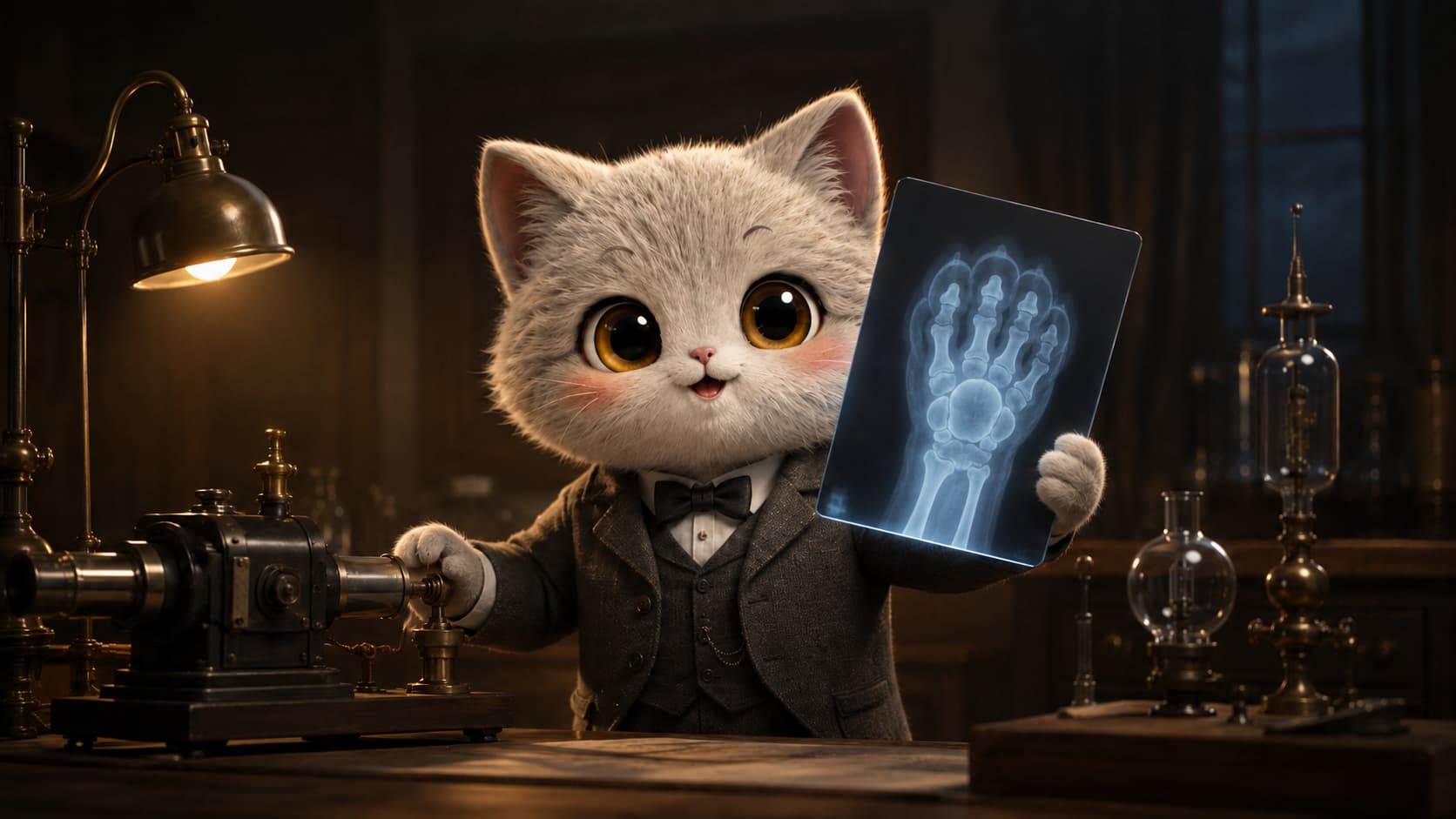 Roentgen Cat studies an X-ray image of a cat’s paw bones in a laboratory.