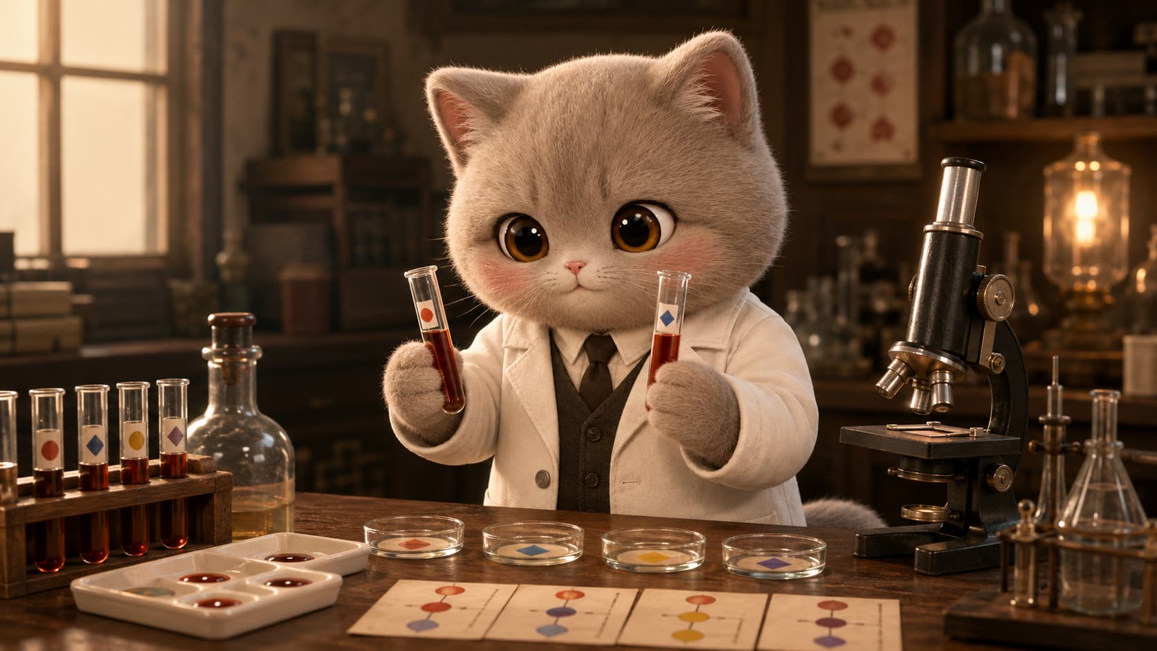Landsteiner Cat compares compatibility notes for different blood samples in a laboratory.