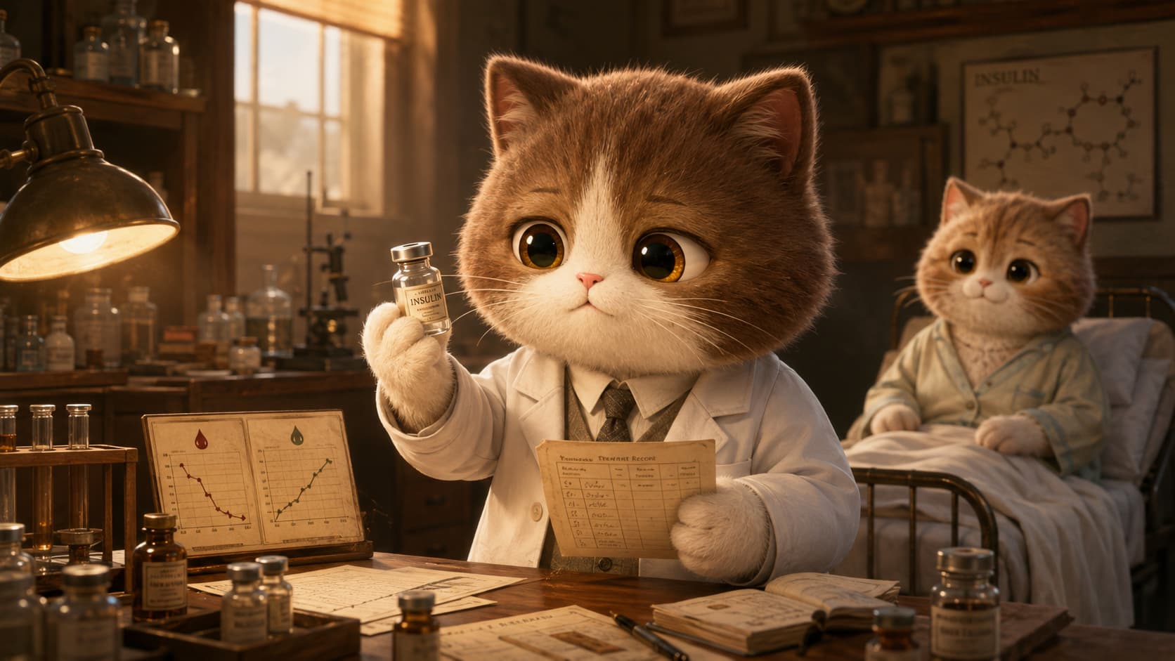 Banting Cat checks insulin samples and blood-sugar records in a research-and-treatment setting.