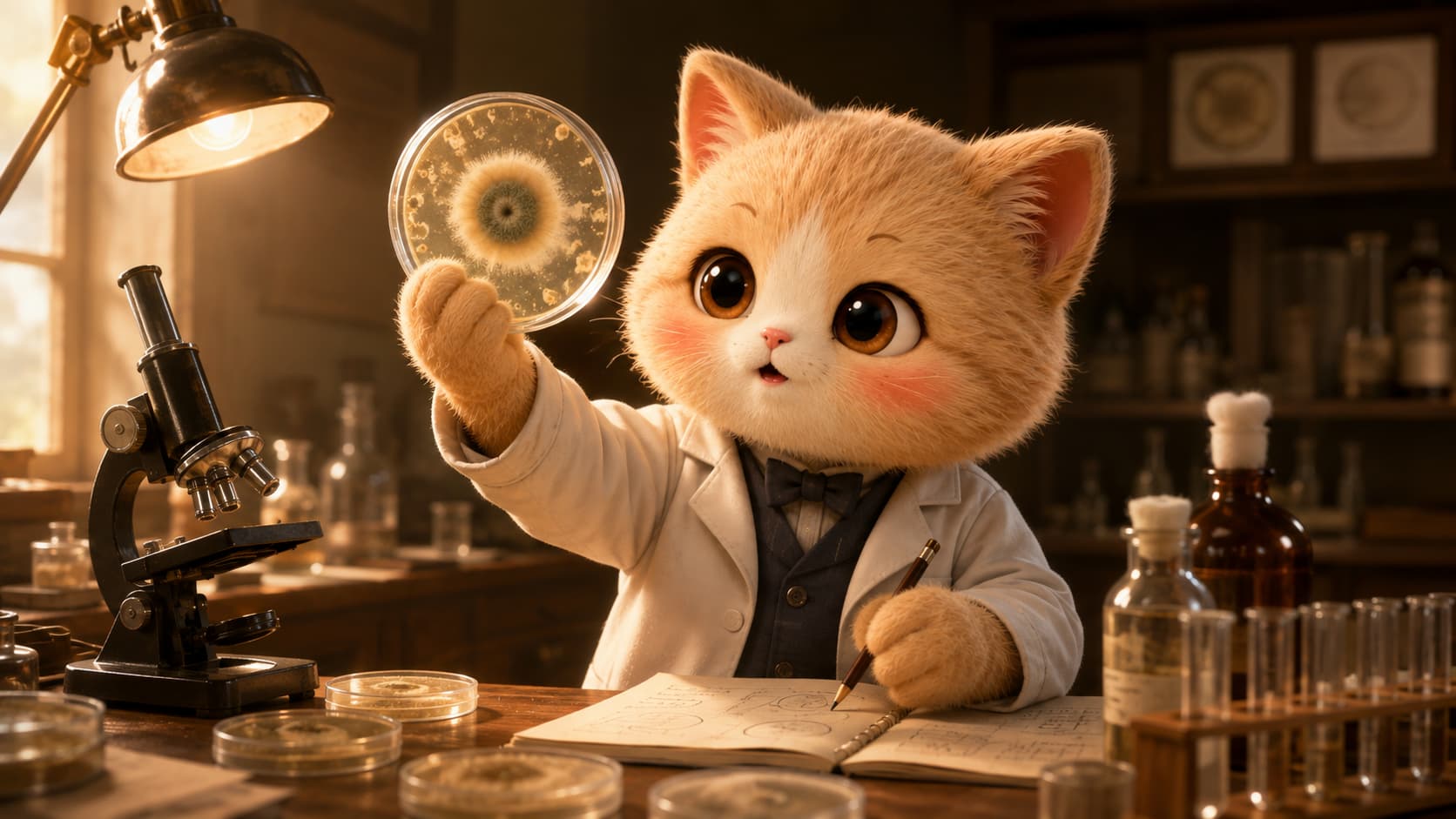 Fleming Cat studies the bacteria-free area around mold in a culture dish and records the result.