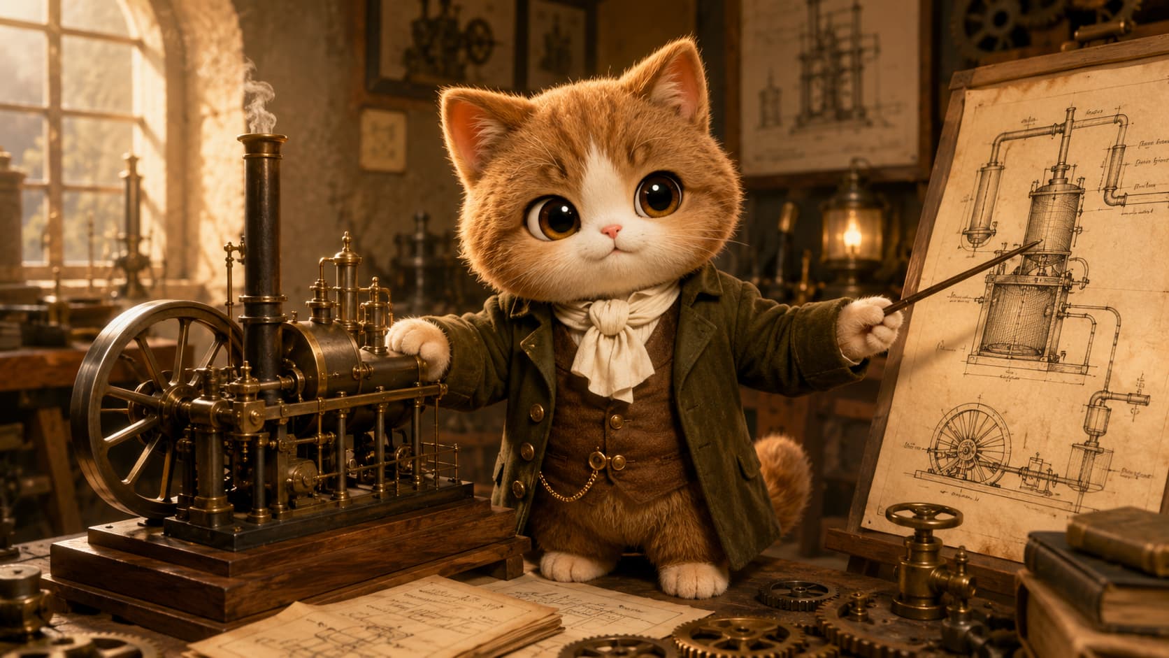 瓦特猫在蒸汽机工作间查看冷凝与调节结构