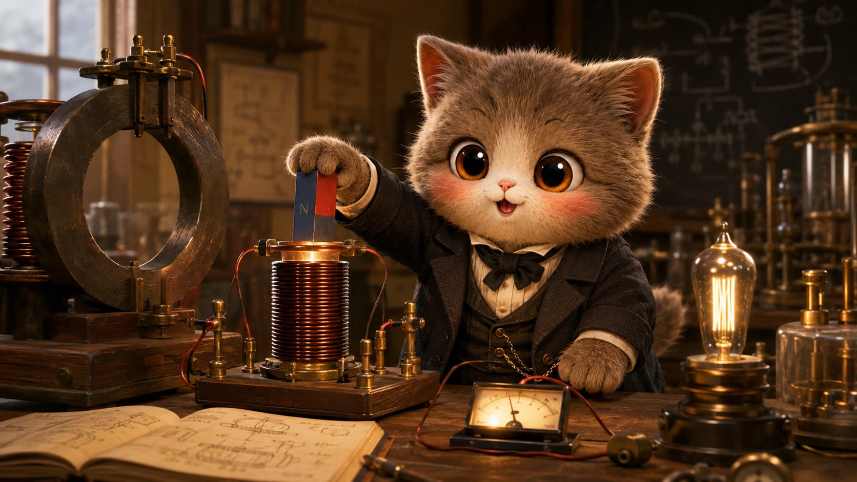 法拉第猫在线圈与磁体实验装置旁观察电流变化