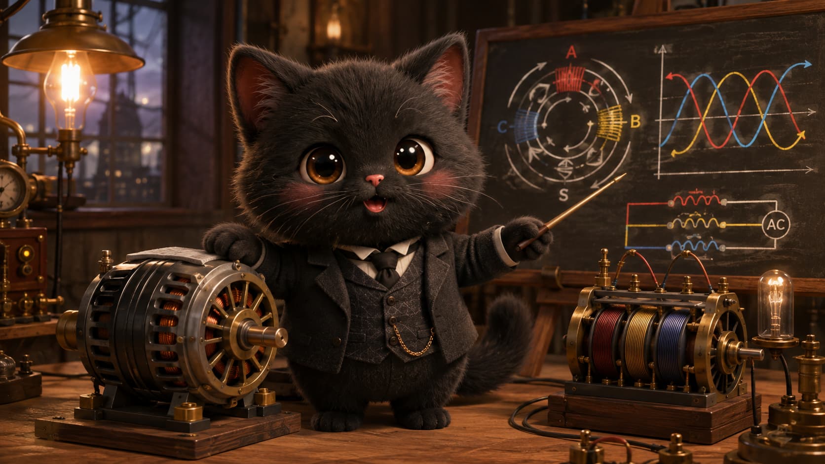 特斯拉猫在交流电机模型旁说明旋转磁场与多相系统