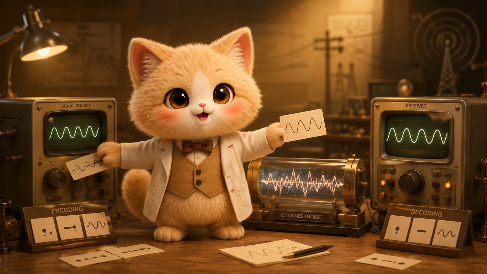 香农猫在通信实验室中比较噪声前后的编码信号