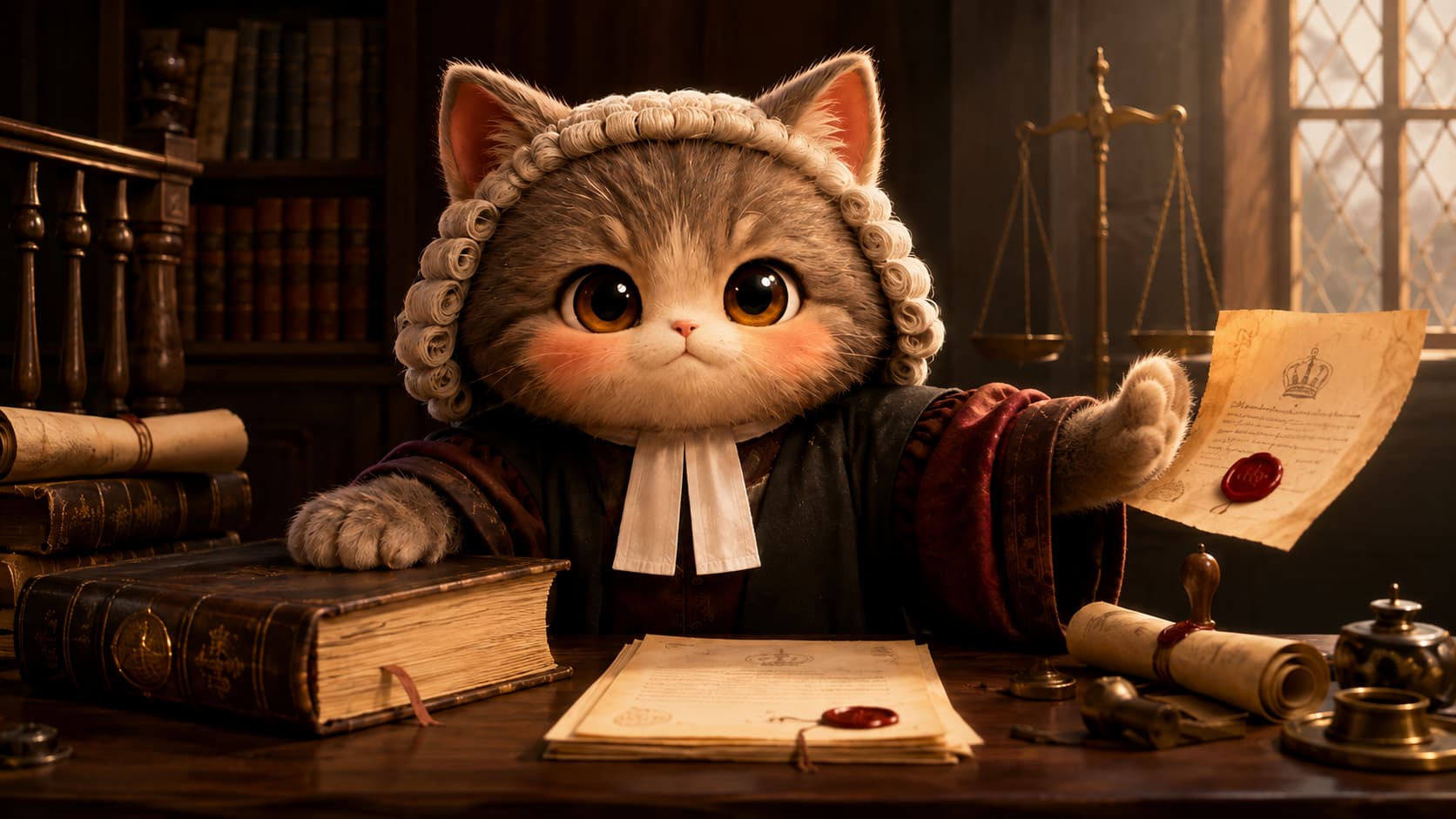 Edward Coke Cat uses a law book to block an official command that lacks legal authority.