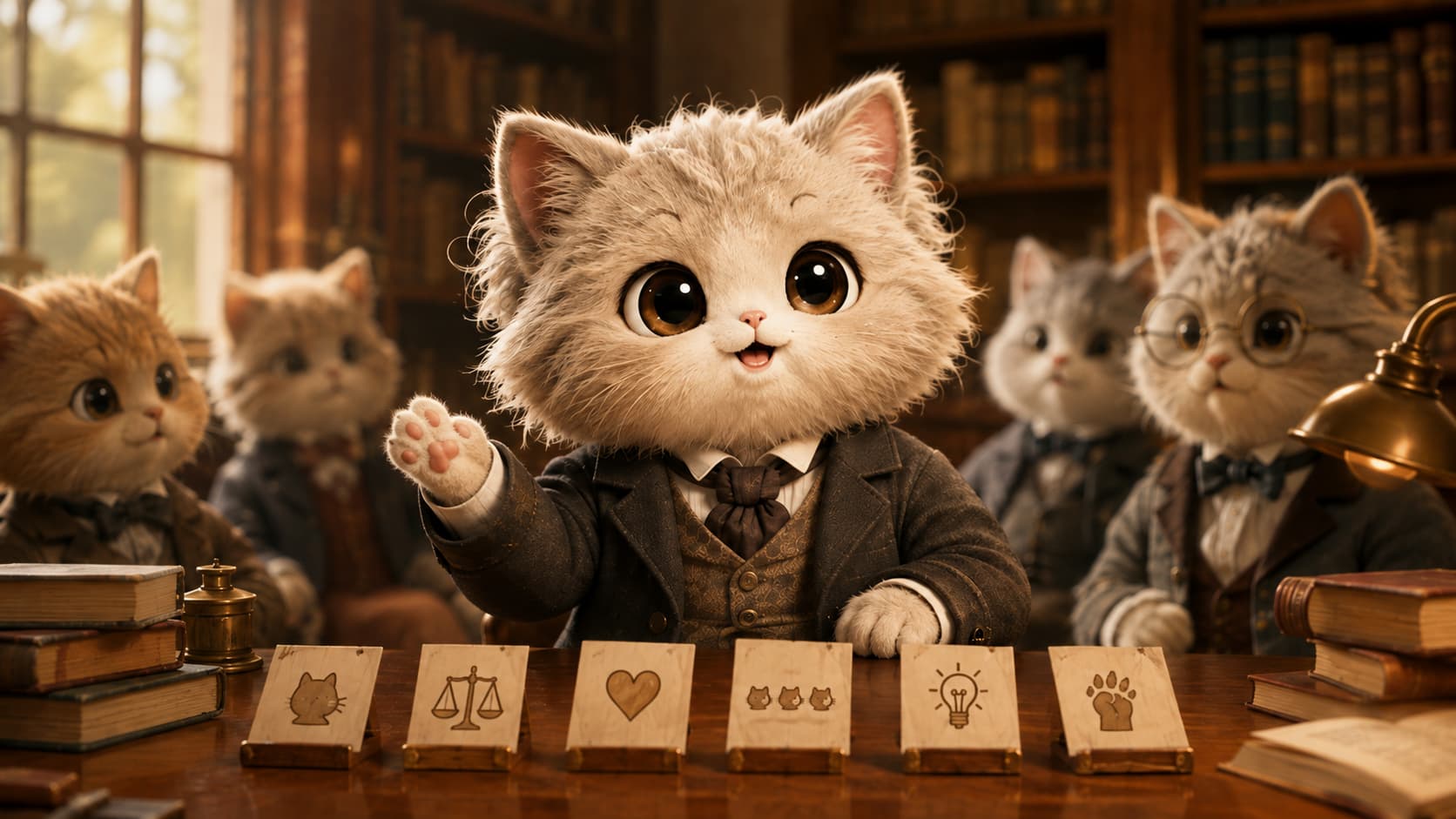 John Stuart Mill Cat protects a minority-opinion card during a public discussion.