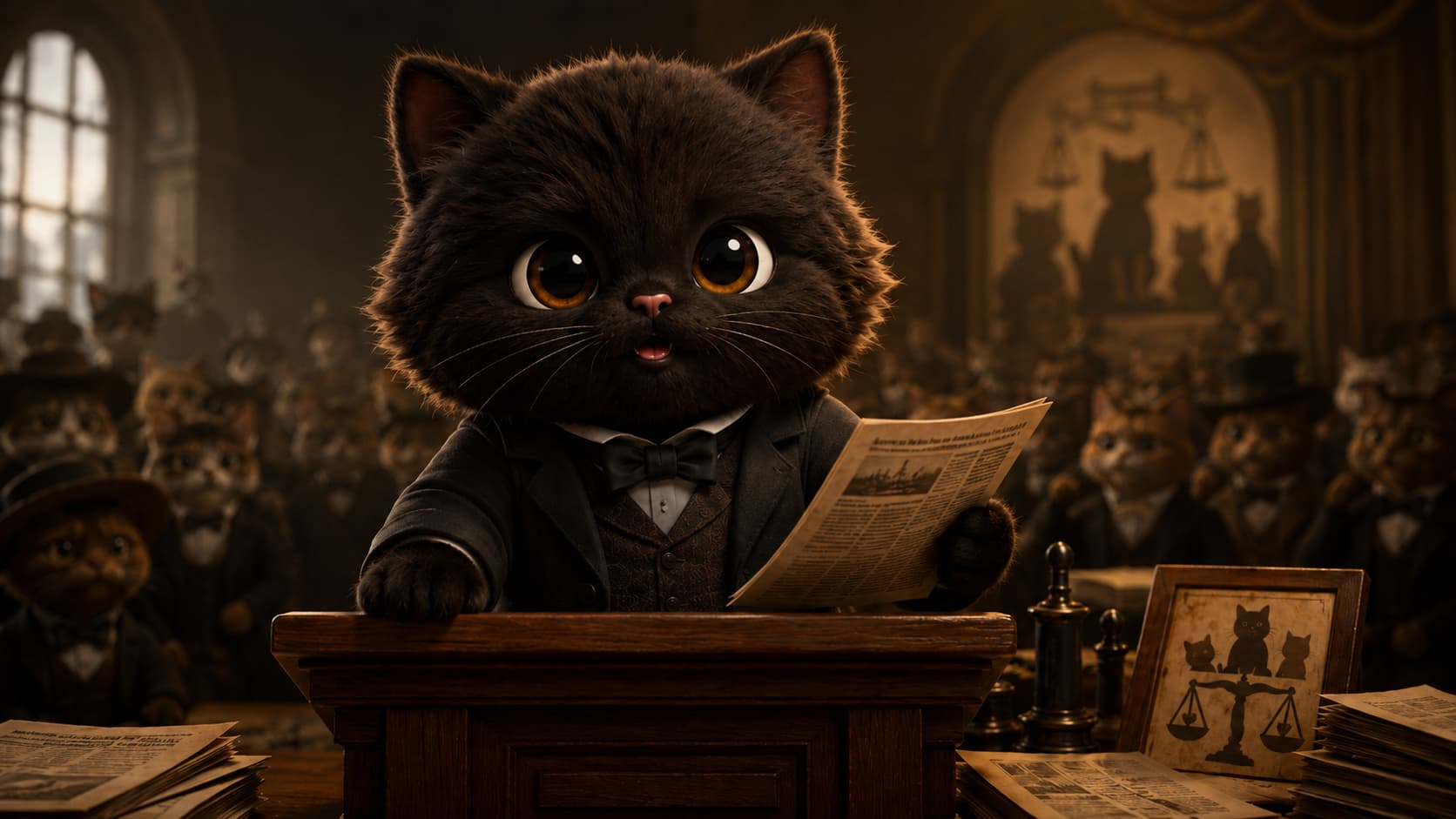 Frederick Douglass Cat stands at a public lectern with a newspaper and a speech on equal citizenship.