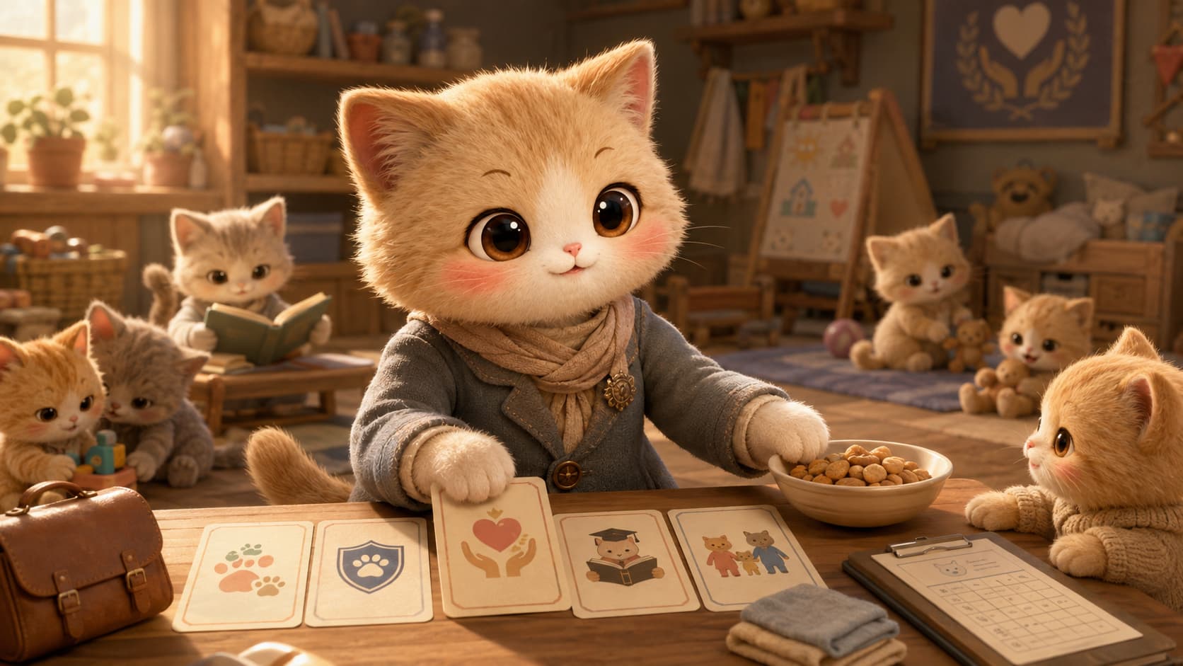 Eglantyne Jebb Cat offers a kitten-rights card, books, and food to kittens in a safe space.