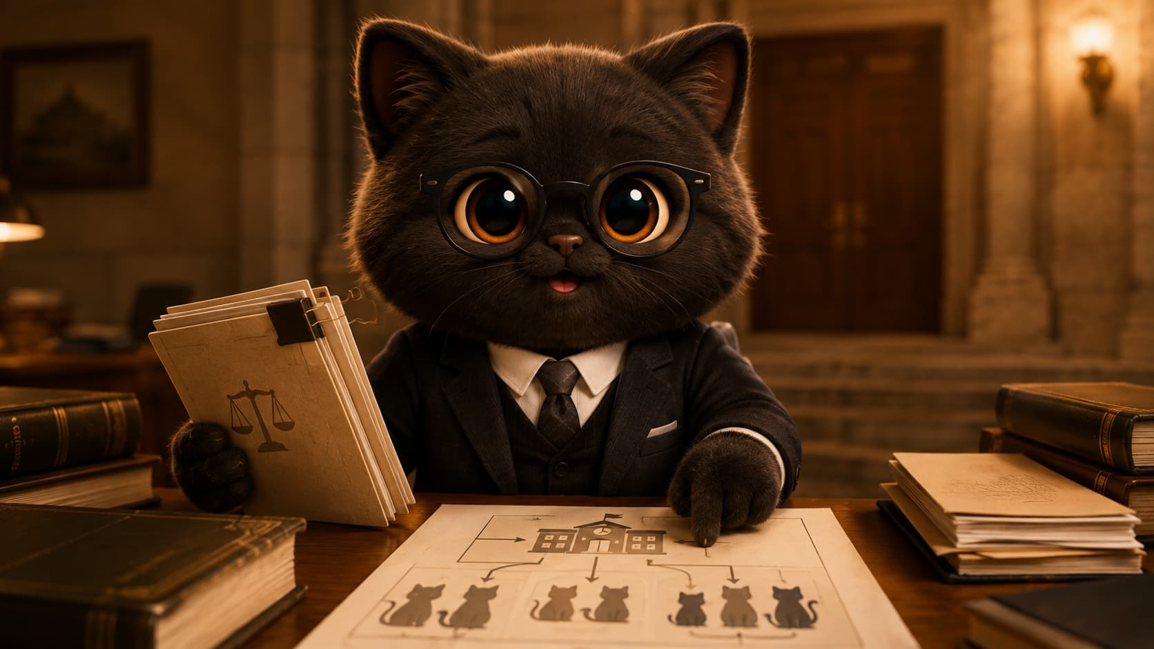 Thurgood Marshall Cat prepares an equal-protection case file outside a courtroom.