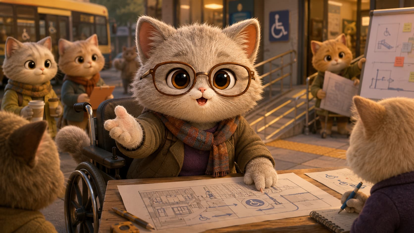 Judith Heumann Cat advances accessible ramps, transport, and entrances on a public-space plan.