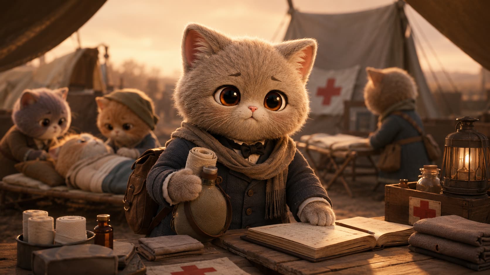 Henry Dunant Cat organizes bandages and protection records for injured cats in a restrained field-aid station.