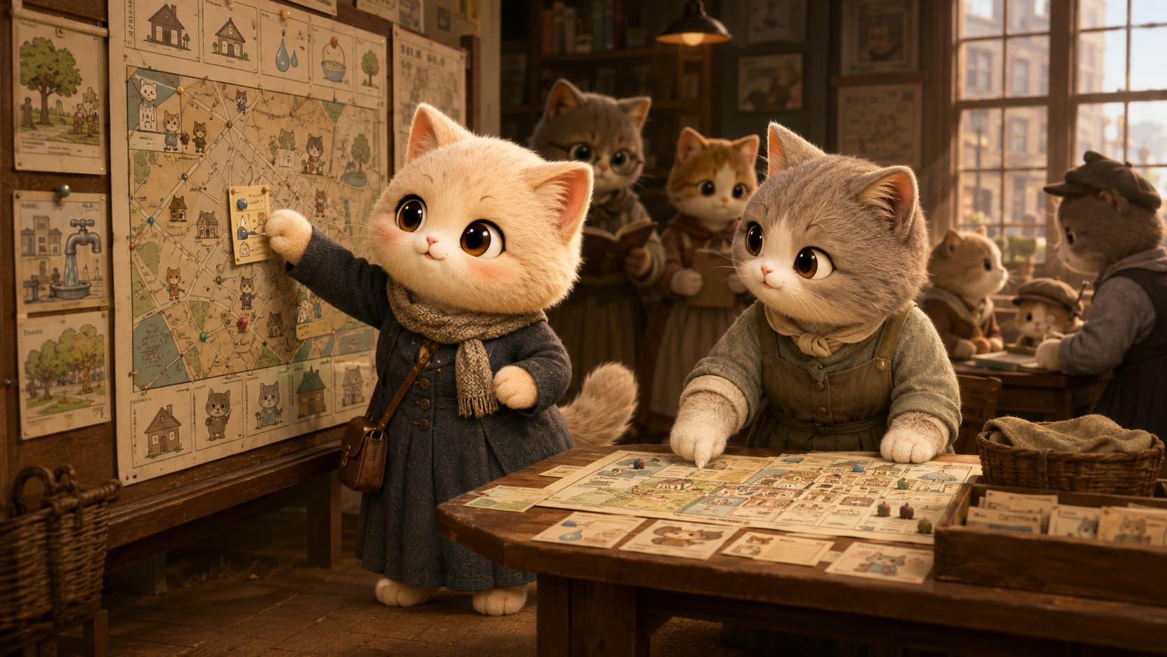 简·亚当斯猫与社区居民把生活调查记录贴到城市公共服务规划图上