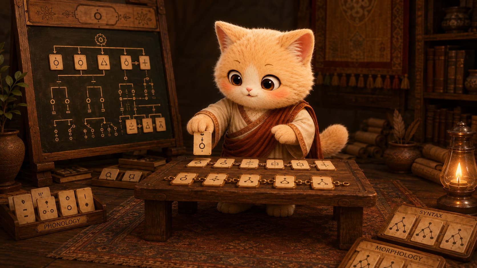 波你尼猫在语言研究室中把语音、词形和句子变化整理成相互连接的规则