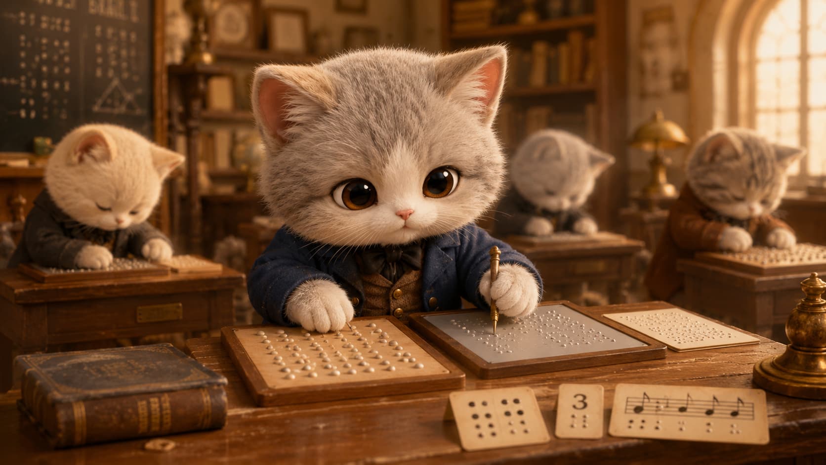 路易·布莱叶猫用猫爪触读六点单元并用触写工具压出新的点阵