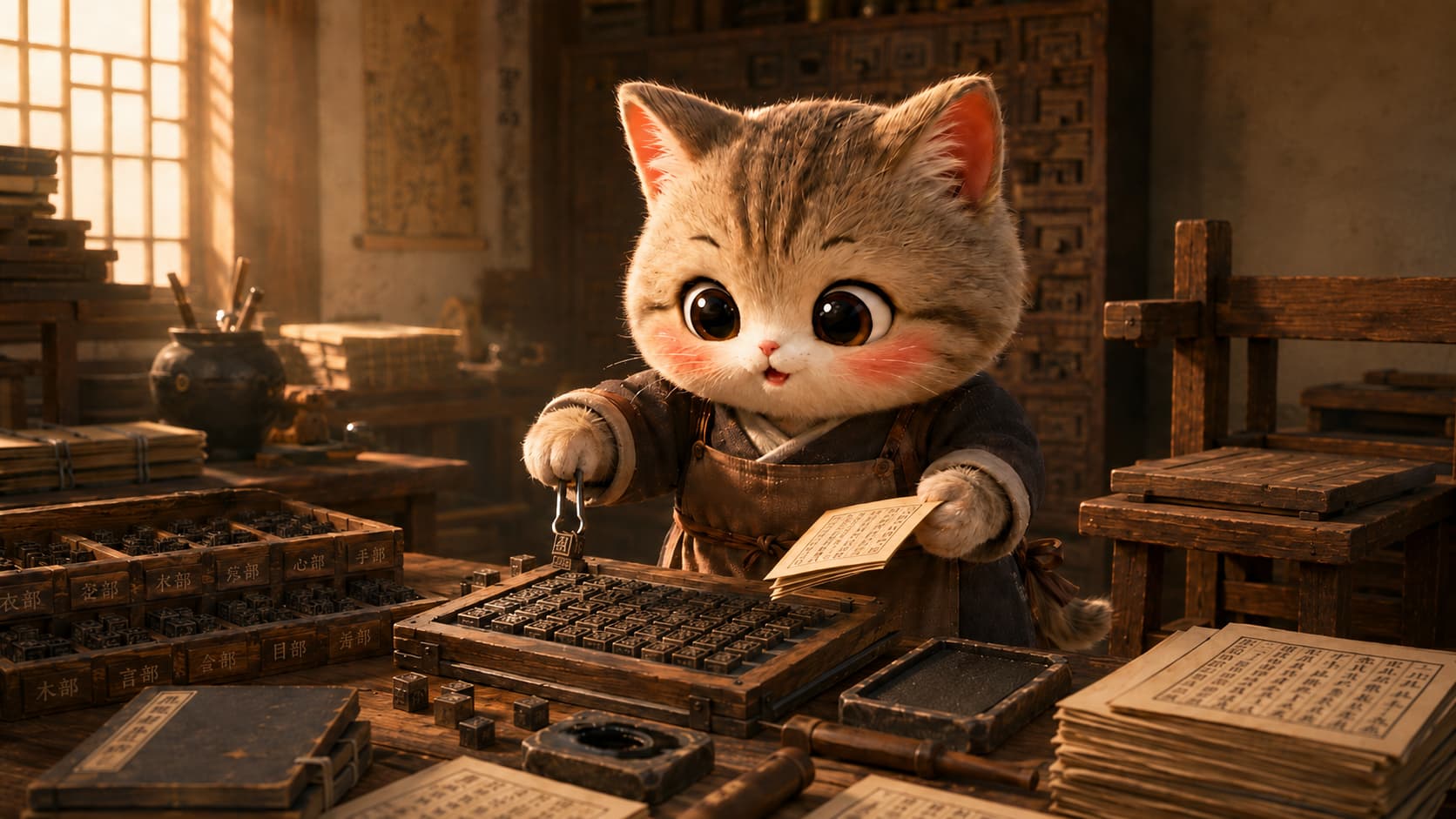毕昇猫用小夹具排列独立活字并检查刚印出的书页