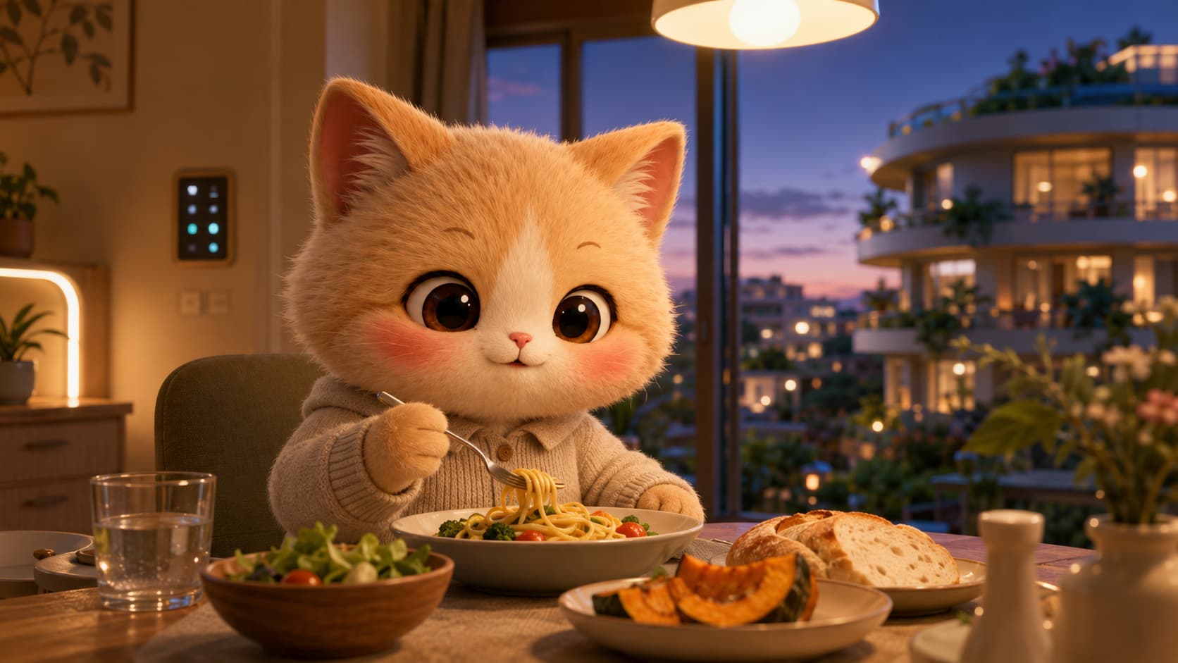 傍晚,猫猫在现代猫猫城公寓的餐桌旁吃晚饭,智能屋宇系统点亮灯光。