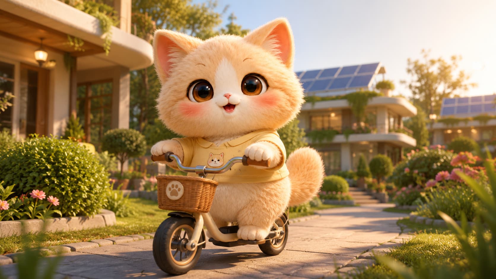 猫猫骑着无动力自行车经过一栋安装小规模屋顶太阳能的两层猫猫城住宅。