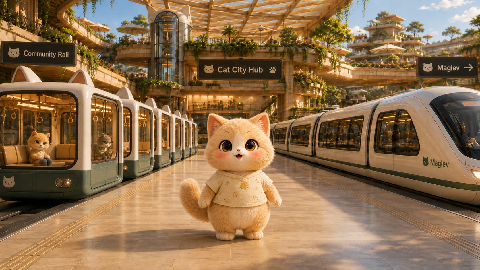 一座無階差區域樞紐站,區域軌道列車與磁浮列車停在月台兩側。
